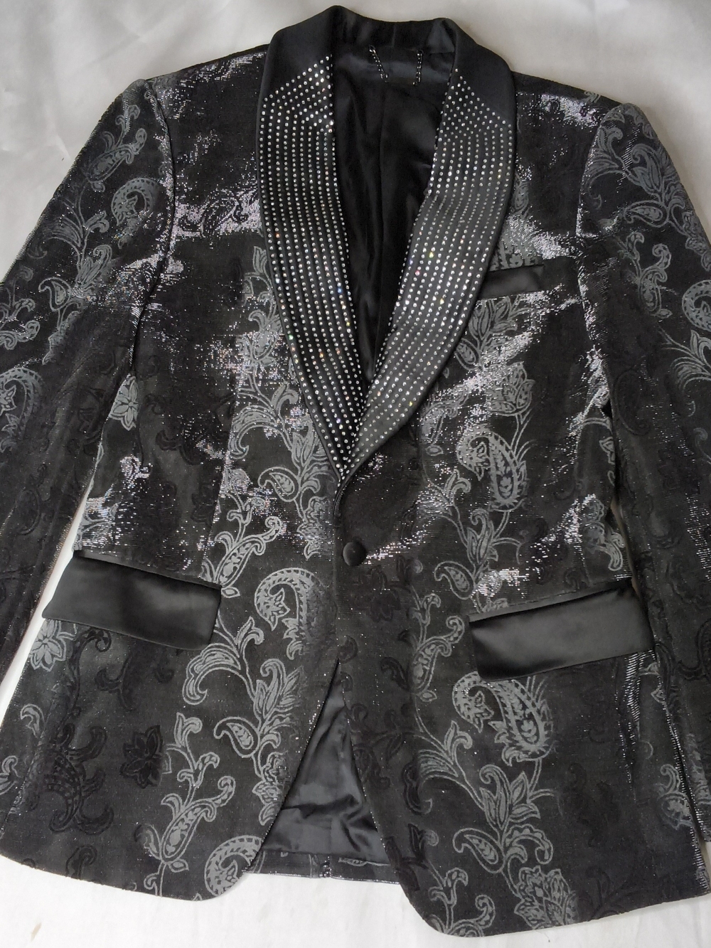 Black Metallic Paisley Tuxedo Blazer with Studded Shawl Collar